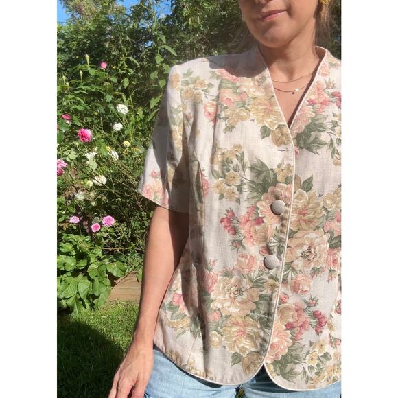 80s Leslie Fay Linen Blend Floral Jacket Blazer Grandmacore Vintage - Picture 5 of 8